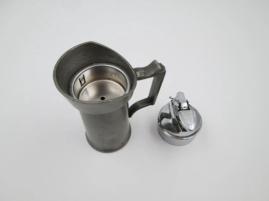 Figurative table gas lighter. Deciliter jug. Pewter and silver plated metal. Europe. 1960's