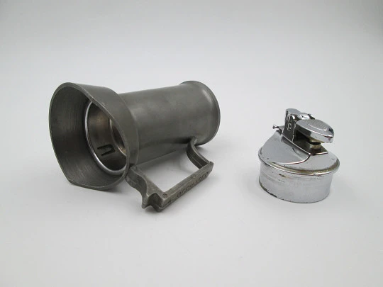 Figurative table gas lighter. Deciliter jug. Pewter and silver plated metal. Europe. 1960's