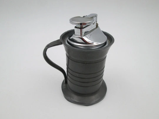 Figurative table gas lighter. Jug with handle. Pewter & silver plated metal. Europe. 1960's