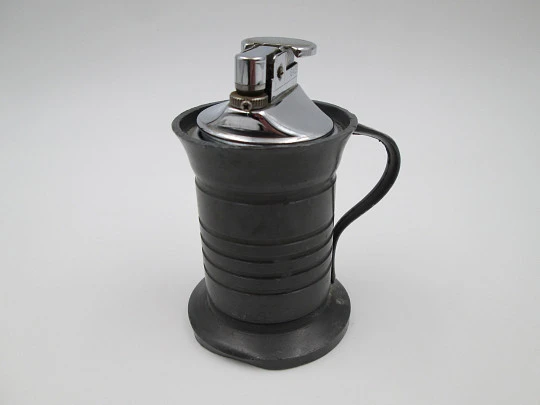 Figurative table gas lighter. Jug with handle. Pewter & silver plated metal. Europe. 1960's