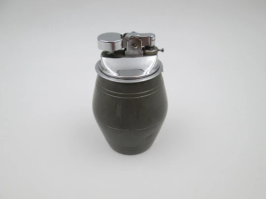 Figurative table gas lighter. Vase shape. Pewter and silver plated metal. Europe. 1960's