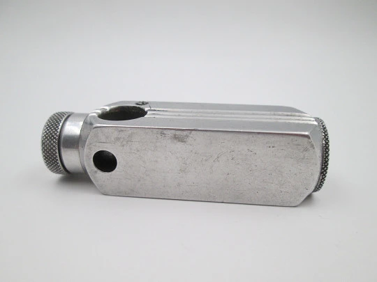 Flamidor Flambeau pocket petrol pipe lighter. Aluminum. Ribbed pattern. France. 1948