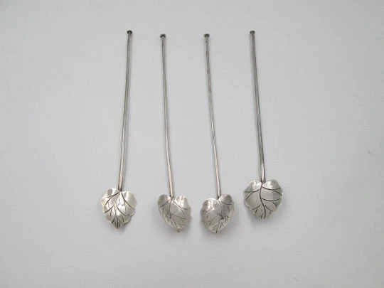 Four sterling silver cocktail straws collection. Leaves motif on top. Mexico. 1970's