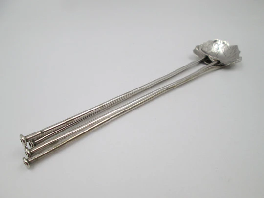 Four sterling silver cocktail straws collection. Leaves motif on top. Mexico. 1970's