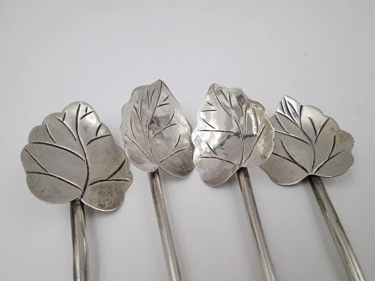 Four sterling silver cocktail straws collection. Leaves motif on top. Mexico. 1970's