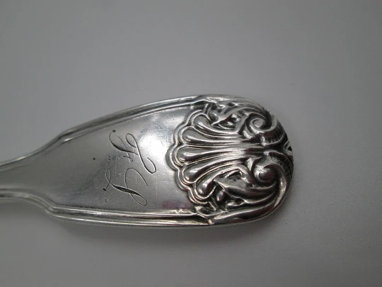 French sterling silver olive serving spoon. Ribbed motifs and shells. Openwork bowl