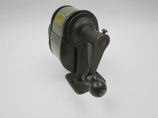 Giant (Apsco) desk pencil sharpener. Green metal & celluloid. Six pencil sizes. 1920's. USA