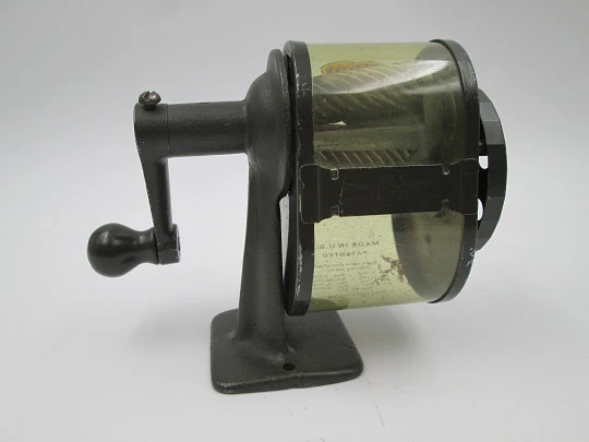 Giant (Apsco) desk pencil sharpener. Green metal & celluloid. Six pencil sizes. 1920's. USA