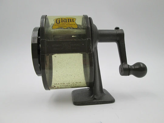 Giant (Apsco) desk pencil sharpener. Green metal & celluloid. Six pencil sizes. 1920's. USA