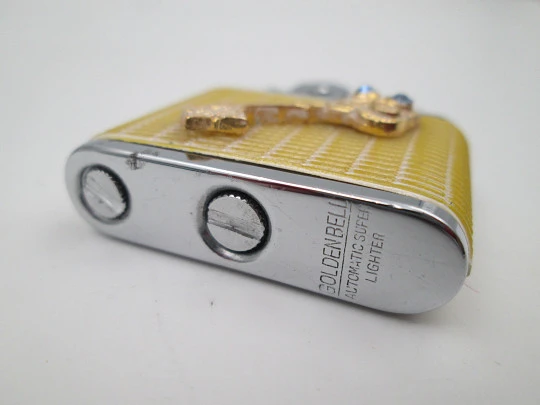 Golden Bell automatic pocket petrol lighter. Chromed plated and white resin. Japan. 1960's