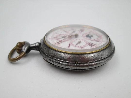 Great complication pocket watch. Iron and gold plated details. Stem-wind movement