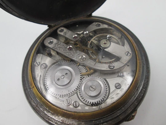 Great complication pocket watch. Iron and gold plated details. Stem-wind movement