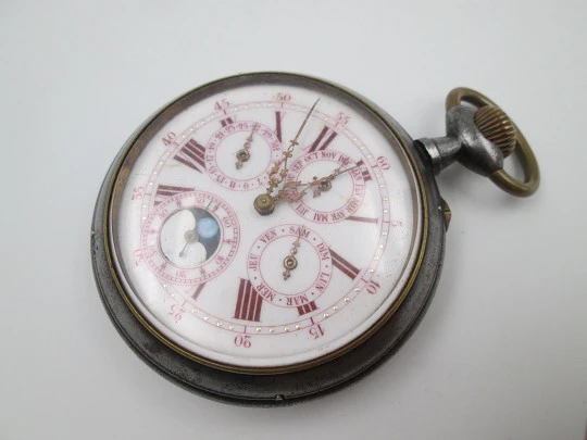 Great complication pocket watch. Iron and gold plated details. Stem-wind movement