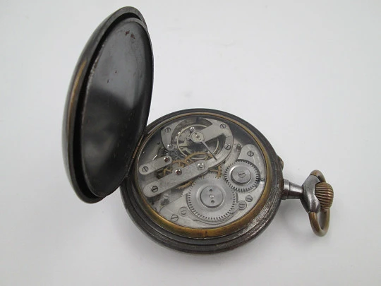 Great complication pocket watch. Iron and gold plated details. Stem-wind movement