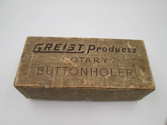 Greist rotary buttonholer machine. Lacquer and silver metal. Box and instructions. 1950's