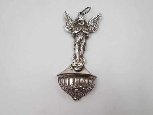 Guardian Angel holy water font. Sterling silver. Flowers motifs & ribbed ornates. Spain. 1980's