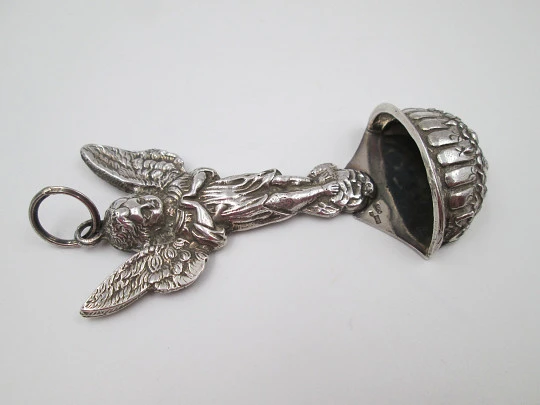 Guardian Angel holy water font. Sterling silver. Flowers motifs & ribbed ornates. Spain. 1980's