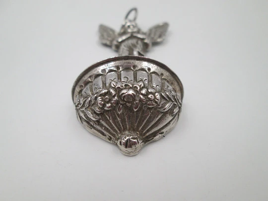 Guardian Angel holy water font. Sterling silver. Flowers motifs & ribbed ornates. Spain. 1980's