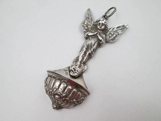 Guardian Angel holy water font. Sterling silver. Flowers motifs & ribbed ornates. Spain. 1980's