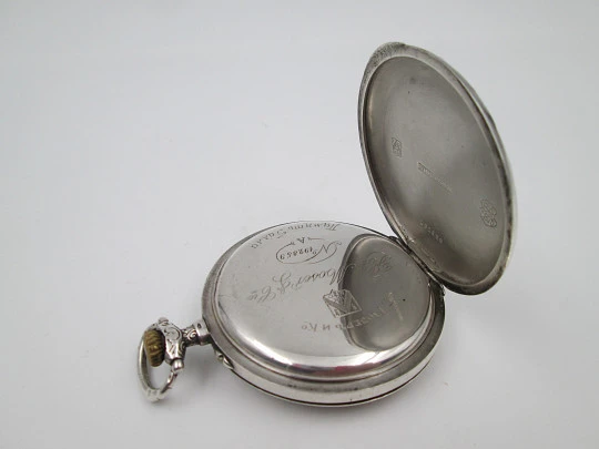 H. Moser & Cie hunter case pocket watch. Sterling silver. Stem-wind. Swiss. 1880's