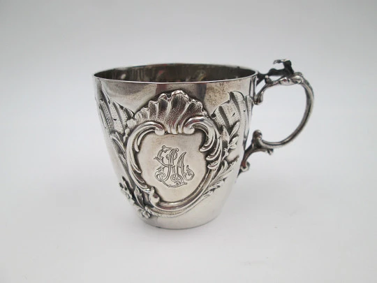 Henri Soufflot sterling silver wine cup. Rococo style cartouche and floral motifs. 1900's