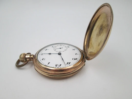 Horos hunter-case pocket watch. Gold plated metal. Stem winding. England / Swiss. 1920's