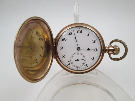 Horos hunter-case pocket watch. Gold plated metal. Stem winding. England / Swiss. 1920's