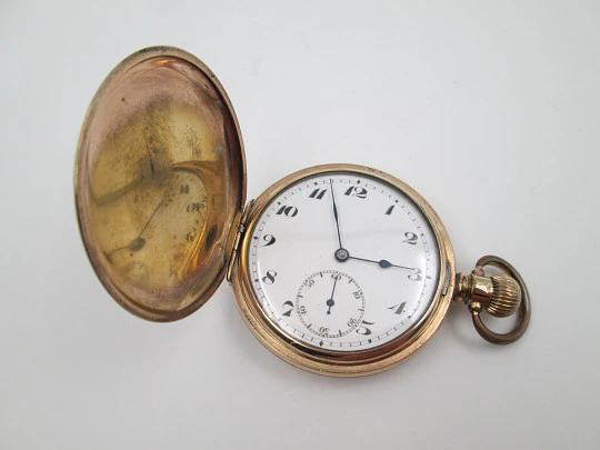 Horos hunter-case pocket watch. Gold plated metal. Stem winding. England / Swiss. 1920's