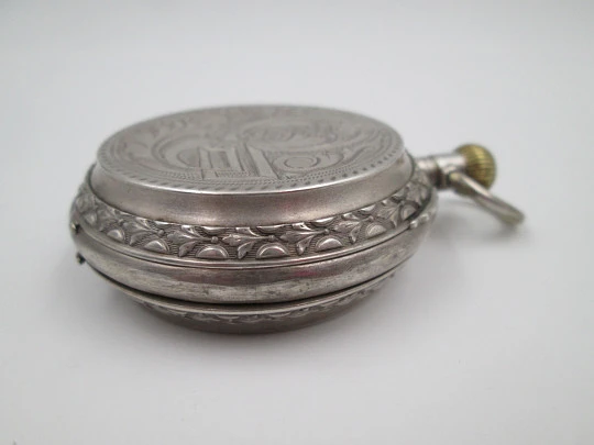 Hunter-case pocket watch. Sterling silver. Ornate lids. Stem-wind / pin-set. Swiss. 1900's