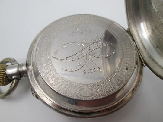 Hunter-case pocket watch. Sterling silver. Ornate lids. Stem-wind / pin-set. Swiss. 1900's