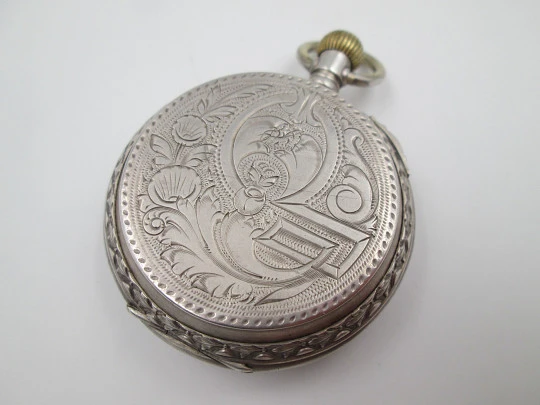 Hunter-case pocket watch. Sterling silver. Ornate lids. Stem-wind / pin-set. Swiss. 1900's