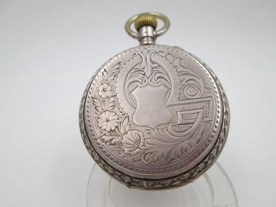 Hunter-case pocket watch. Sterling silver. Ornate lids. Stem-wind / pin-set. Swiss. 1900's