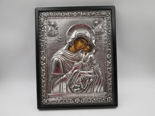 Icono bizantino rectangular Virgen con Niño. Plata de ley 950 y marco de madera. Grecia