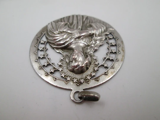 Immaculate Conception and stars openwork medal. Silver plated metal. Ring on top. 1950's