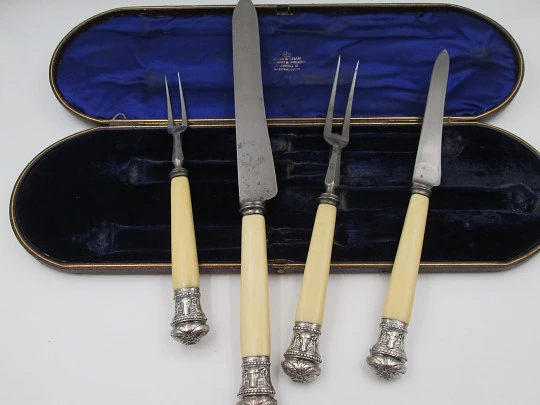 Joseph Rodgers & Sons victorian carving set. Ivory, steel and sterling silver. England. 1870's