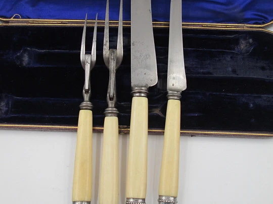 Joseph Rodgers & Sons victorian carving set. Ivory, steel and sterling silver. England. 1870's