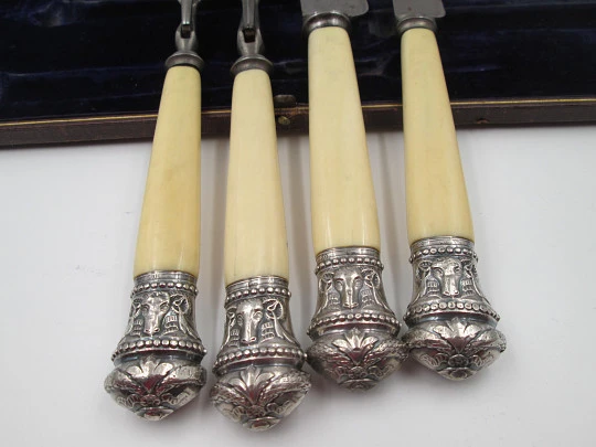 Joseph Rodgers & Sons victorian carving set. Ivory, steel and sterling silver. England. 1870's