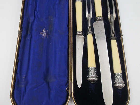 Joseph Rodgers & Sons victorian carving set. Ivory, steel and sterling silver. England. 1870's