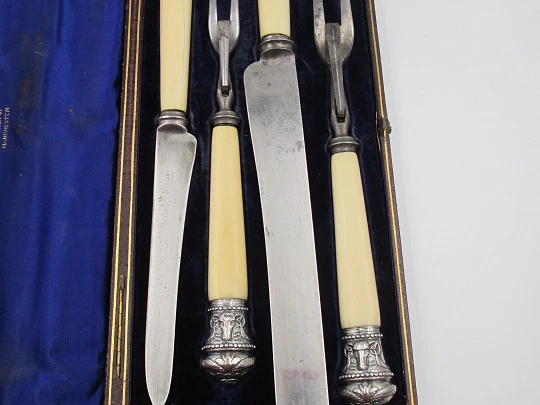 Joseph Rodgers & Sons victorian carving set. Ivory, steel and sterling silver. England. 1870's