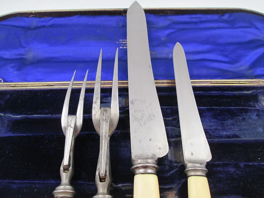 Joseph Rodgers & Sons victorian carving set. Ivory, steel and sterling silver. England. 1870's