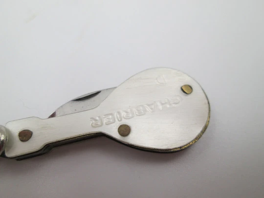 Keychain guitar shape pocket knife. Chabrier perfumes. Steel and painted nacre. 1980's