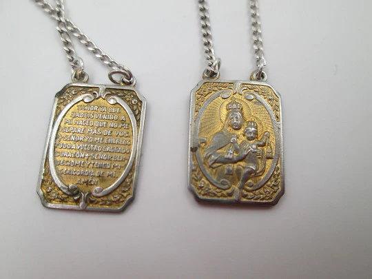 Lady of Mount Carmel & Sacred heart of Jesus scapular with curb chain. Silver & vermeil