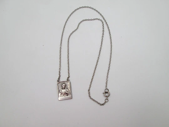 Lady of Mount Carmel & Sacred heart of Jesus scapular with links chain. Sterling silver. 1950's