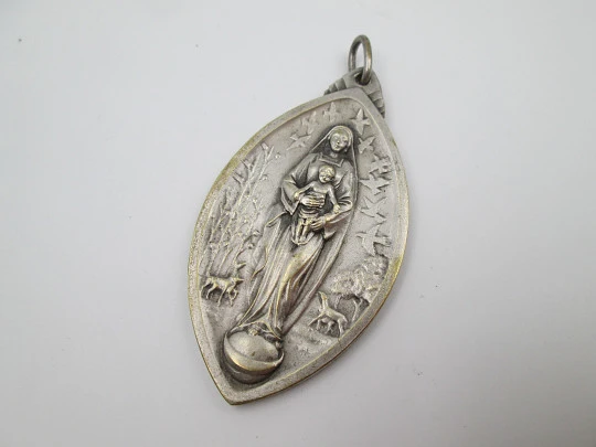 Large Saint Louis and Virgin with Child medal. High relief work. Silver plated metal. 1940's