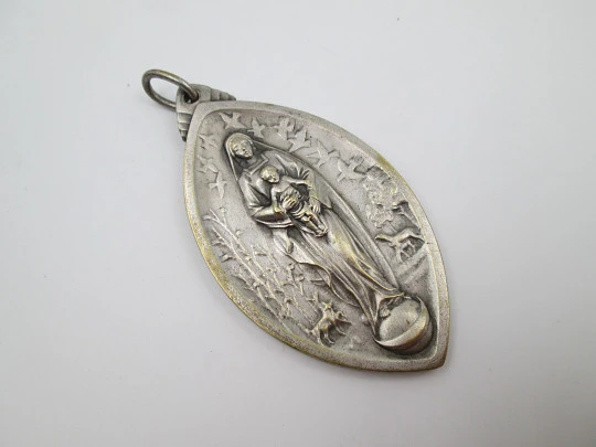 Large Saint Louis and Virgin with Child medal. High relief work. Silver plated metal. 1940's