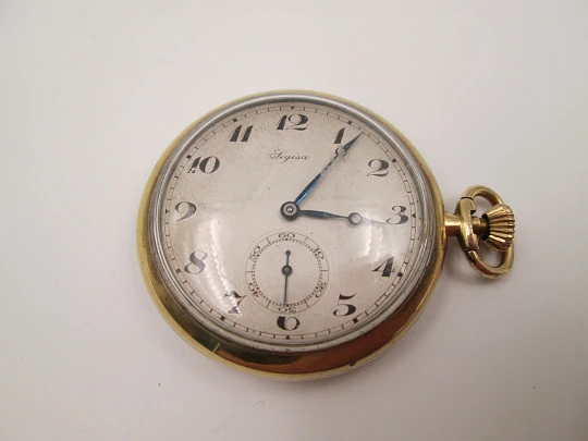 Legisa open-face pocket watch. Gold plated metal. Stem-wind. Seconds hand. 1930's