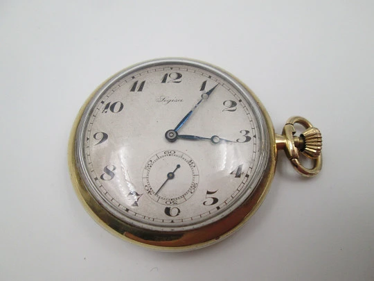 Legisa open-face pocket watch. Gold plated metal. Stem-wind. Seconds hand. 1930's