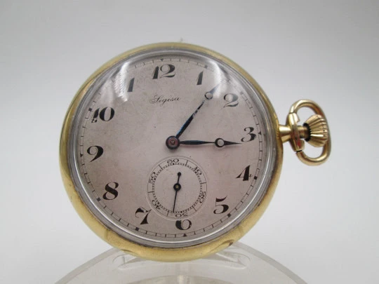Legisa open-face pocket watch. Gold plated metal. Stem-wind. Seconds hand. 1930's