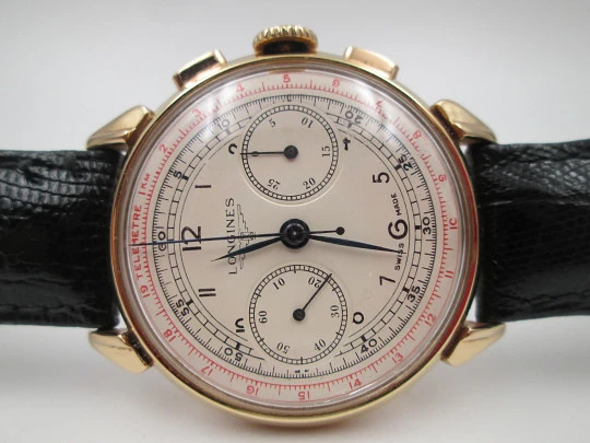 Longines 13ZN Flyback chronograph. 18 karat pink gold. Manual winding. 1947. Swiss