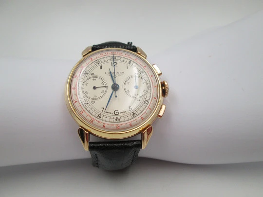 Longines 13ZN Flyback chronograph. 18 karat pink gold. Manual winding. 1947. Swiss